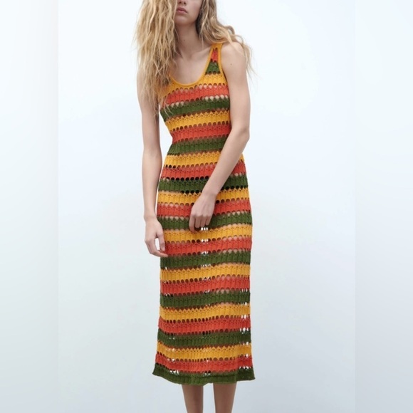 Zara Multi-coloured Striped Crochet Knit Midi Maxi Dress - Picture 3 of 14